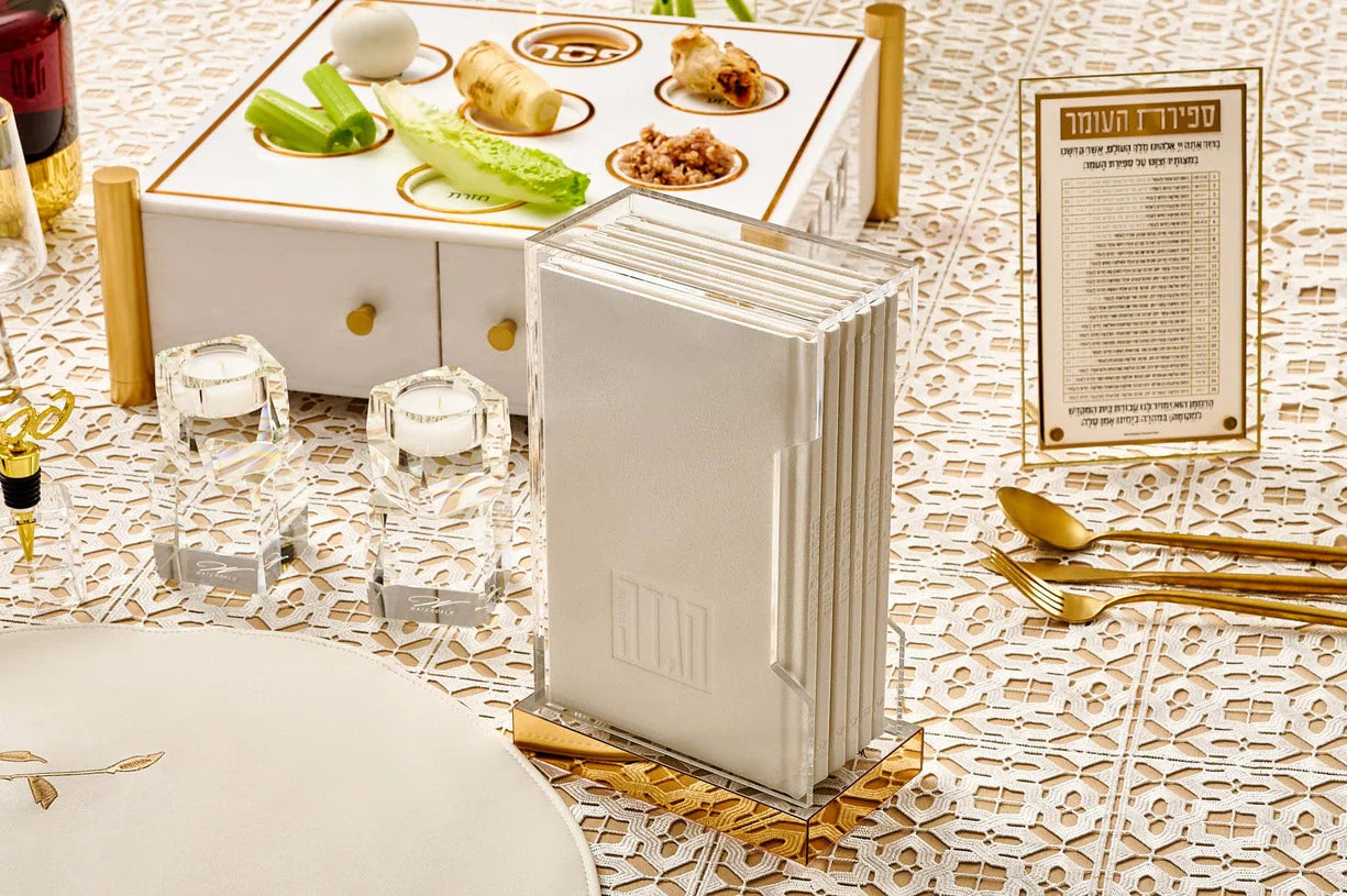 HARDCOVER LEATHER & LUCITE HAGGADAH SET - SILVER