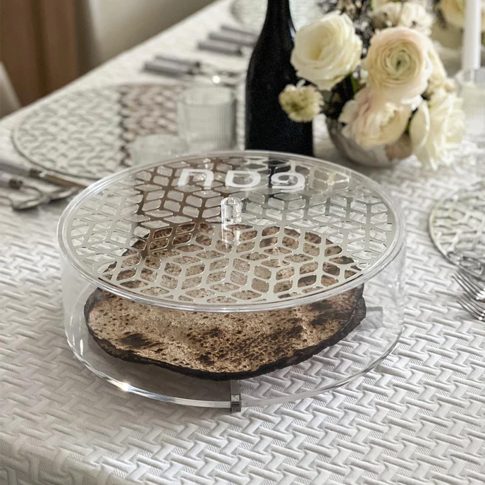 Lucite & Laser Cut Round Matzah Box- Silver