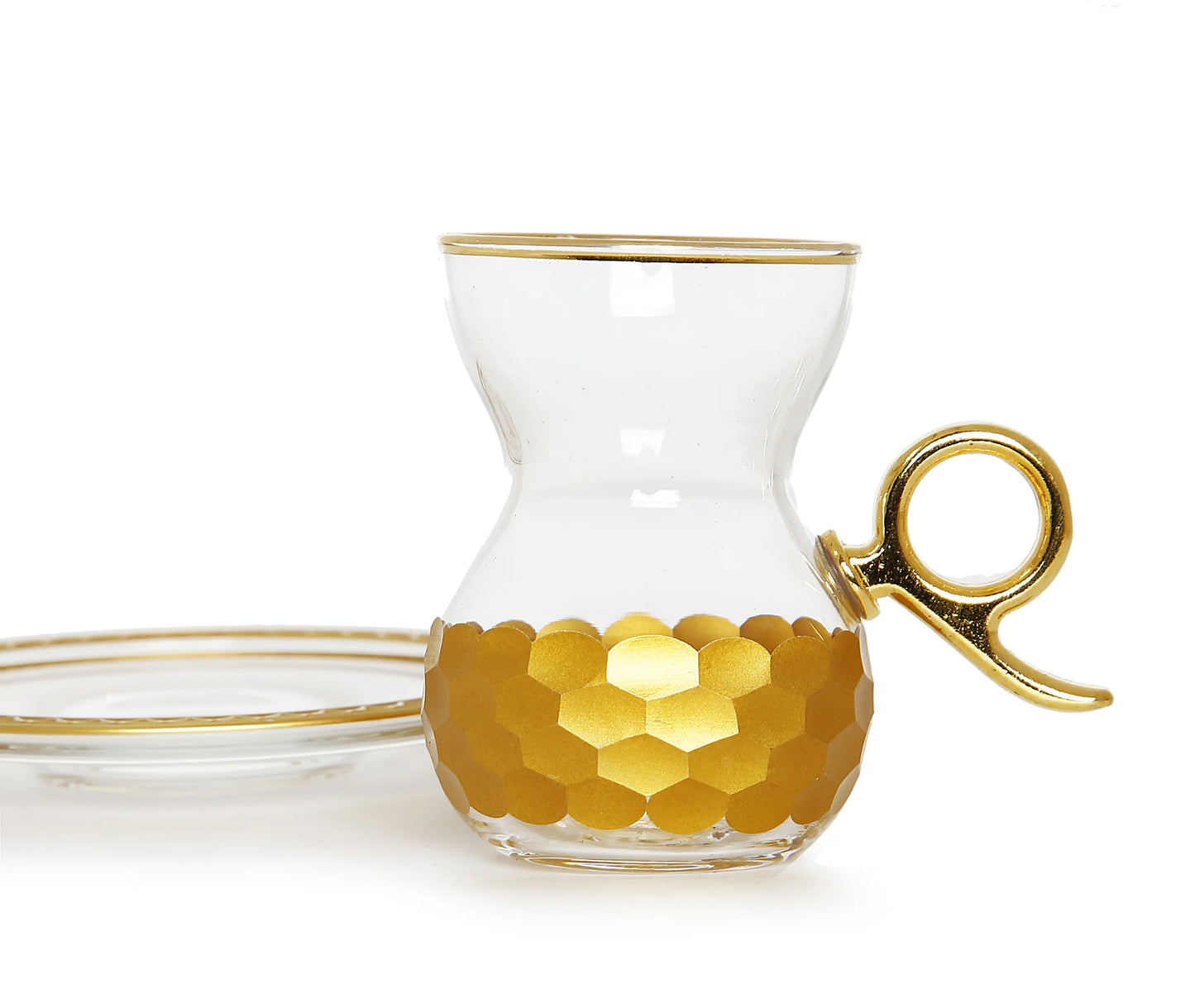 Set of 6 Tea Glasses with Handle and Saucers with Gold Hammered Design