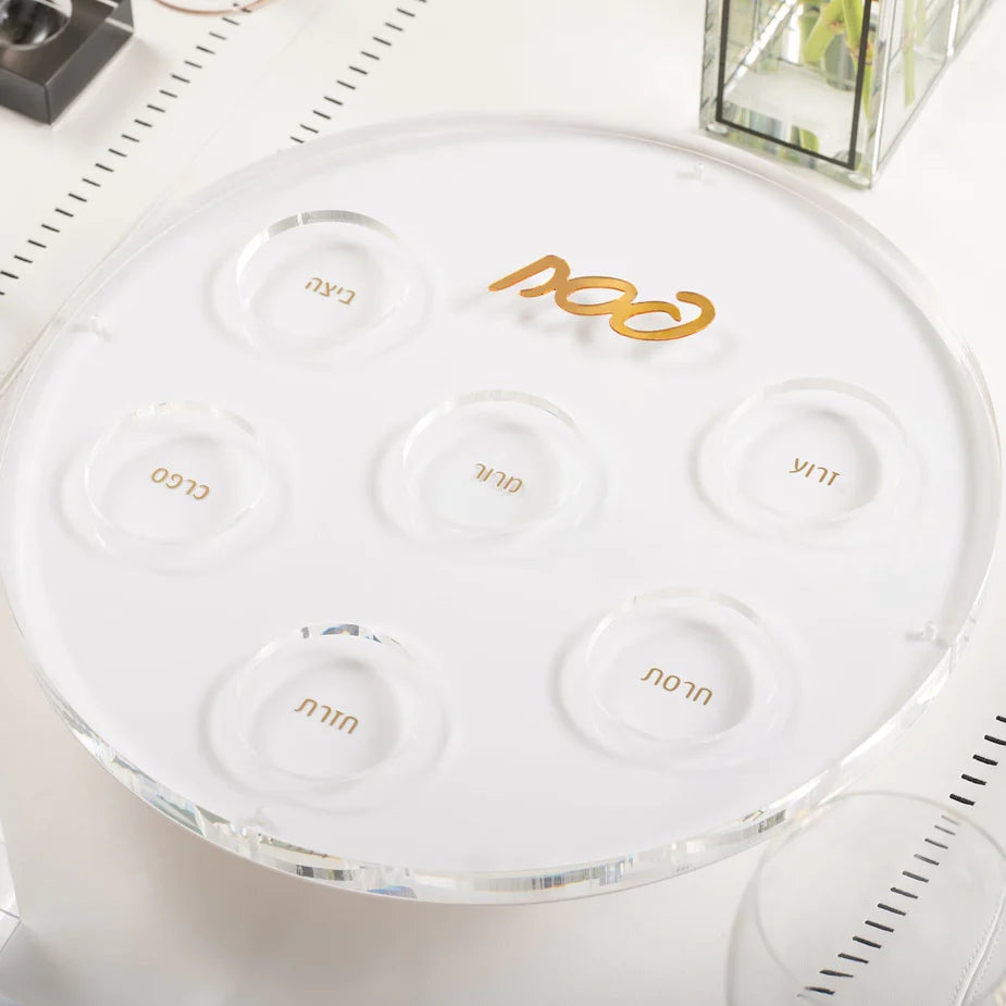 RAISED METALUCITE SEDER PLATE- WHITE & GOLD